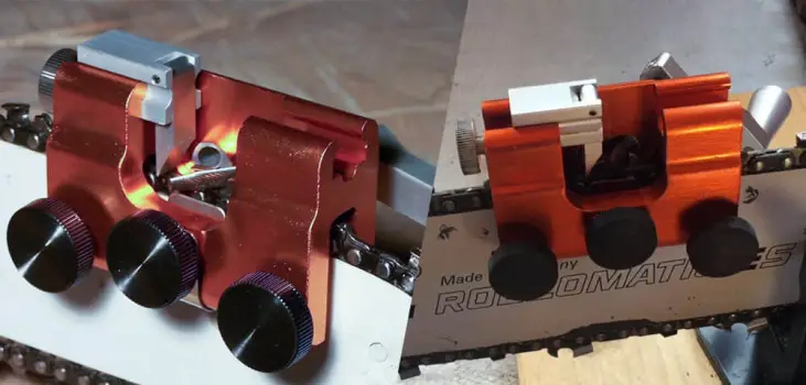 Collage of Dotmalls Saw Sharpener attached to 2 chainsaws. One big, one small